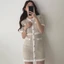 Đầm mini SUXI dệt kim cổ tròn xinh xắn phong cách retro dành cho nữ