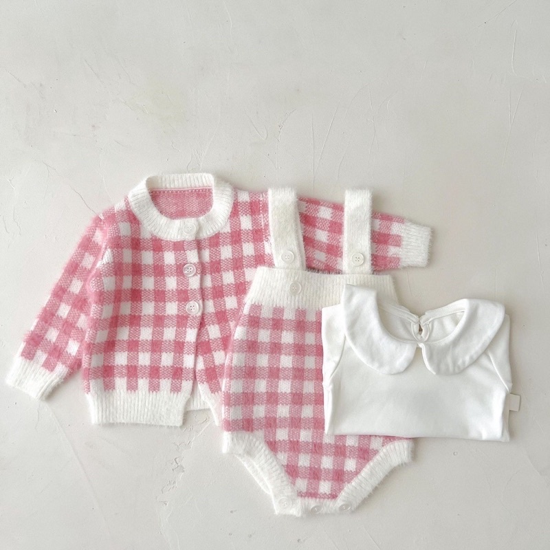 [MS0010] Set len cao cấp 3 món họa tiết kẻ caro hồng xinh xẻo cho bé yêu