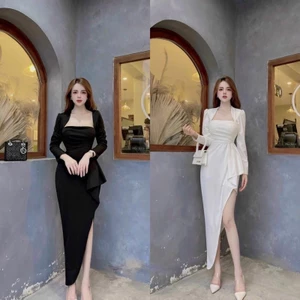 Váy Umi Thiết Kế Cổ Vuông Cup Ngực Vạt Chéo Sexy 2 Màu, Váy Dự Tiệc Sang Chảnh