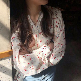 Áo Sơ Mi Chiffon Dài Tay Cổ Chữ V In Hoa Phong Cách Hàn Quốc Mới