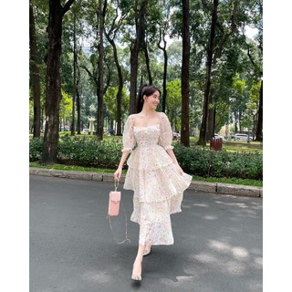 [Xả Lỗ] ĐẦM XOÈ MIDI HOA CỔ VUÔNG DẬP LY 3 TẦNG TIỂU THƯ