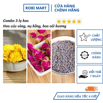 Combo 3 lọ trà hoa sấy khô robimart (hoa cúc vàng, nụ hoa hồng, hoa oải hương) đẹp da, tốt cho sức khỏe