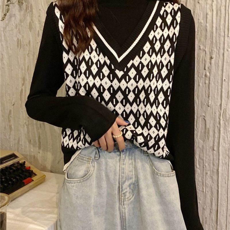 Áo vest dệt kim cổ chữ V cổ điển, phong cách Hàn Quốc