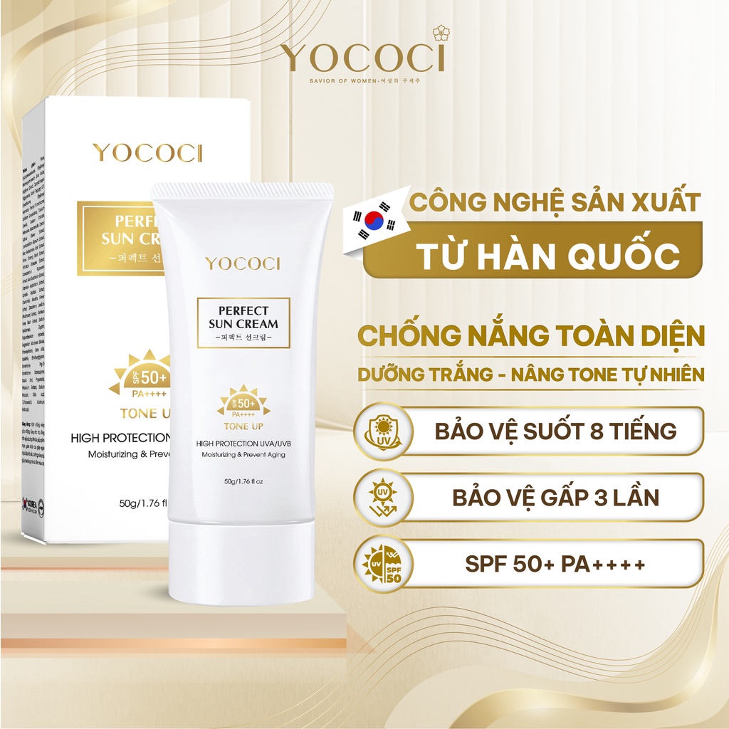 Kem chống nắng dưỡng da mặt Yococi chống nắng toàn diện nâng tone tự nhiên, lâu trôi Perfect Sun Cream SPF50+ PA++++ 50g