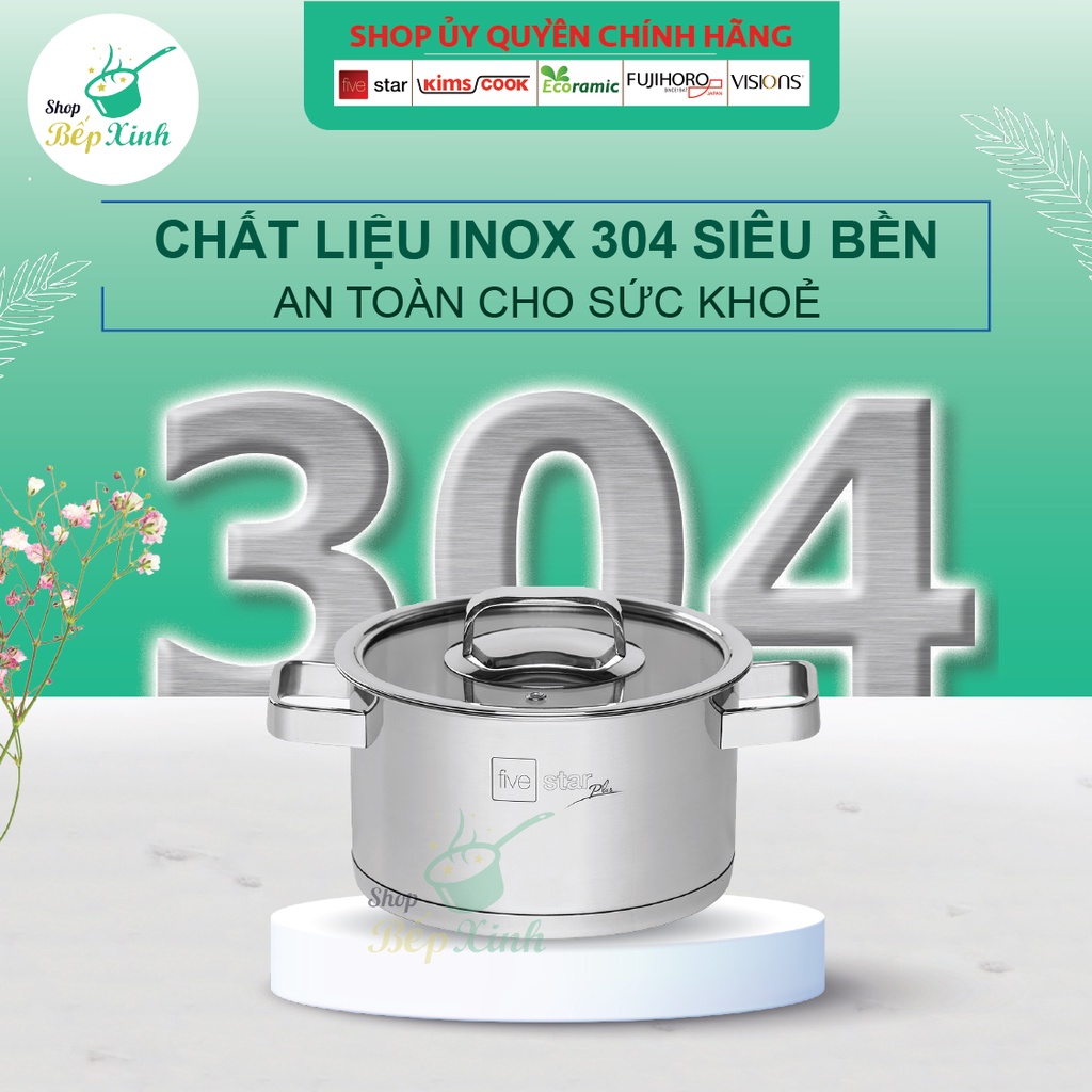 Ảnh Nồi thân cao 3 đáy inox 304 Fivestar Plus quai vuông nắp kính ( 16cm / 18cm / 20cm / 24cm )- tặng 1 vá canh 3
