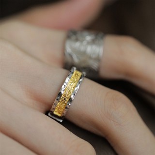 ♥Nhẫn Bạc / Vàng Hai Màu Khắc Họa Tiết Cỏ Tang Độc Đáo