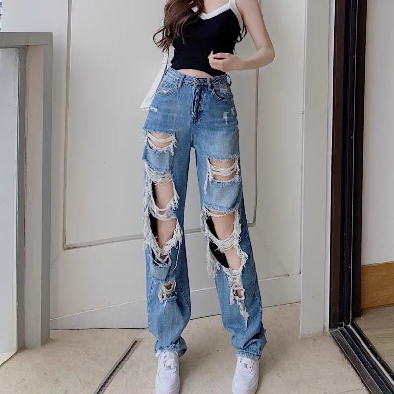 Quần jeans nữ Suông ống rộng rách tơi tả BigSize 4454 MoLiJeans quần bò nữ  ống rộng dáng xuông