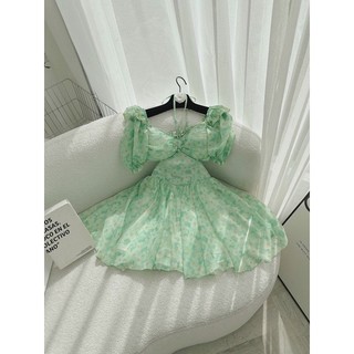 ĐẦM HOA XANH DÂY CỔ YẾM CUTOUT LƯNG