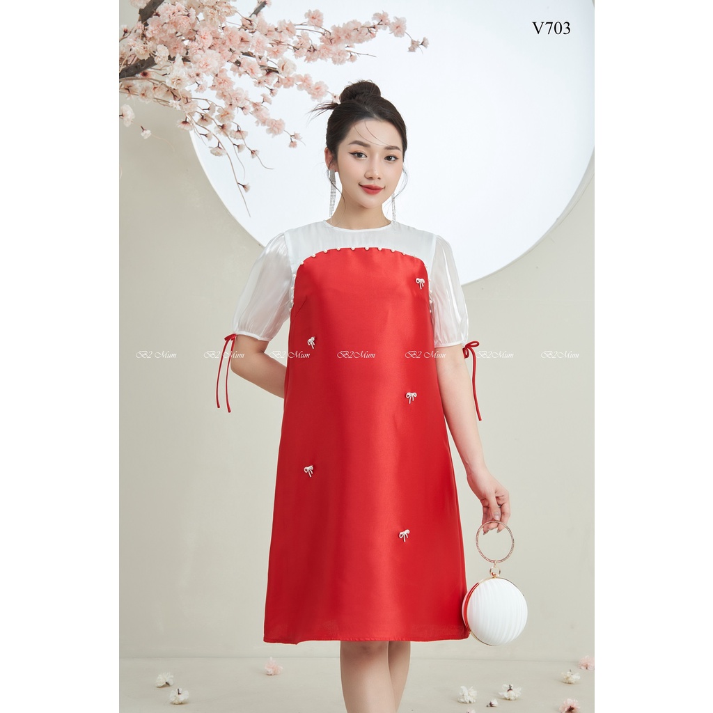 [SALE OFF] Váy bầu thiết kế Váy tapta đính nơ siêu xinh V703 B2 MUM