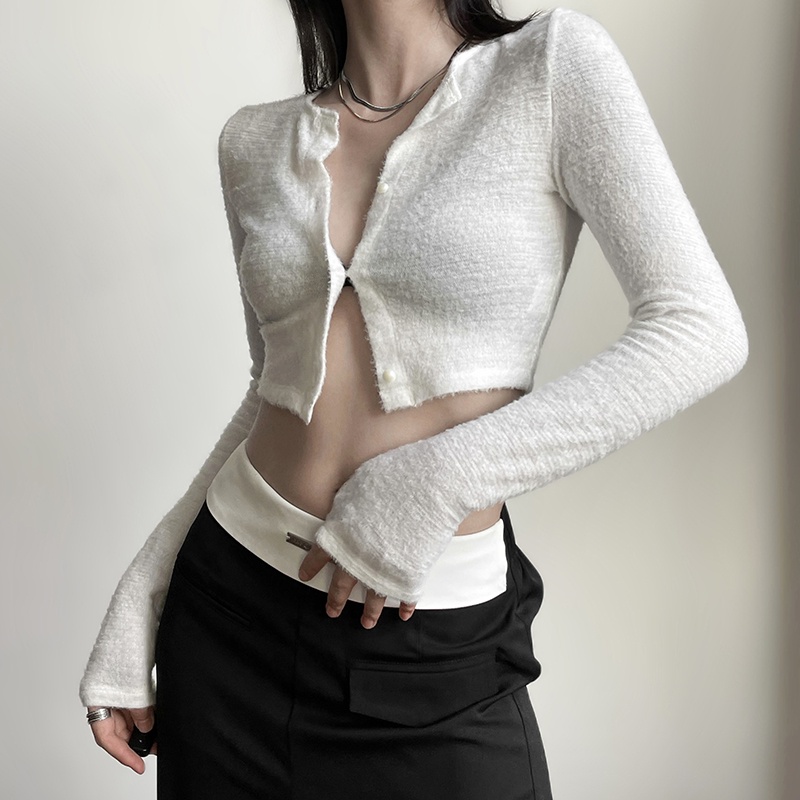 Áo thun Klalien Cardigan Mùa Xuân Màu Trơn Slim Fit Mở Rốn Thời Trang Cổ Tròn Dài Tay Nữ