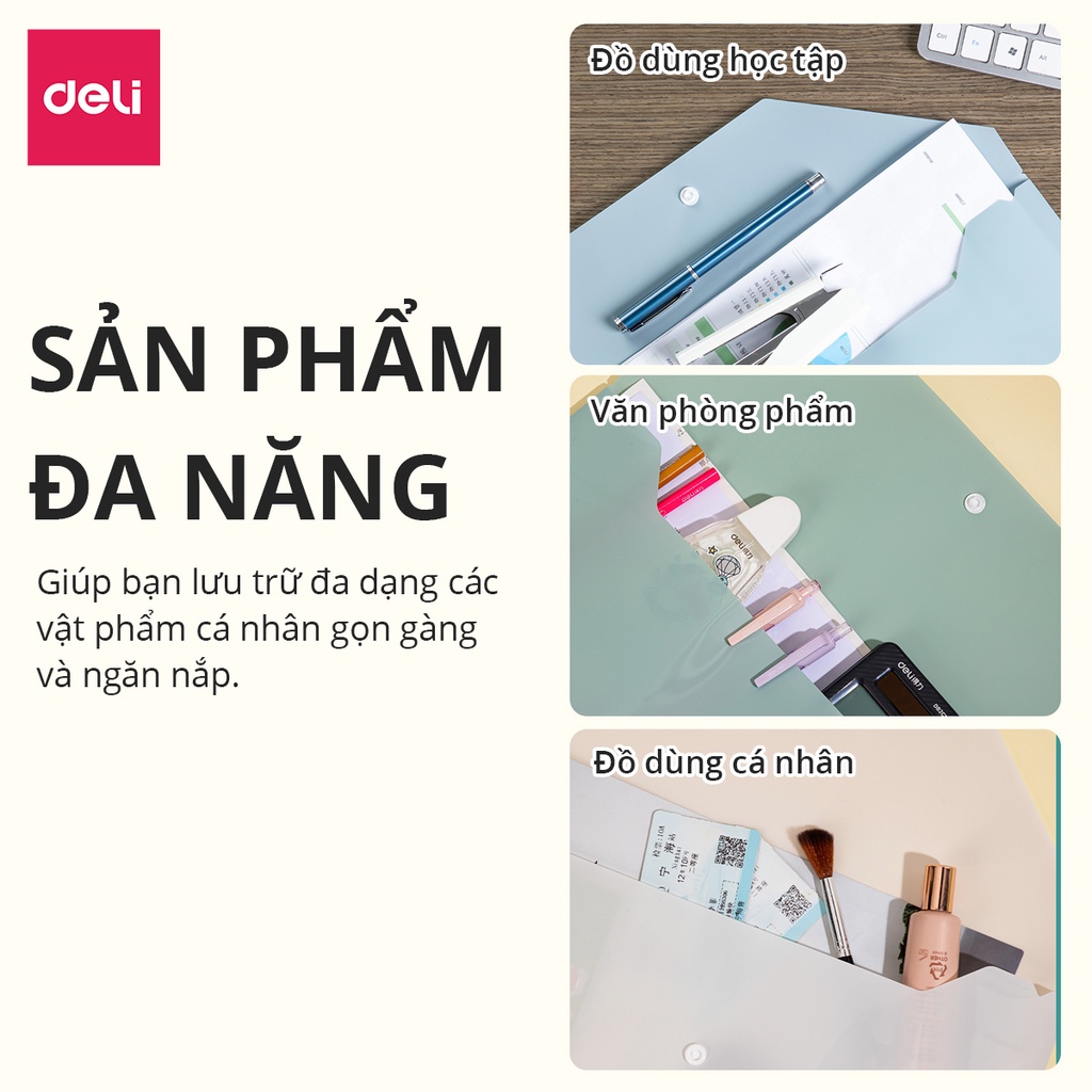 Combo 2 Túi file đựng tài liệu A4 Deli nhiều màu, my clear bag bìa đựng tài liệu văn phòng phẩm lưu trữ hồ sơ giấy tờ