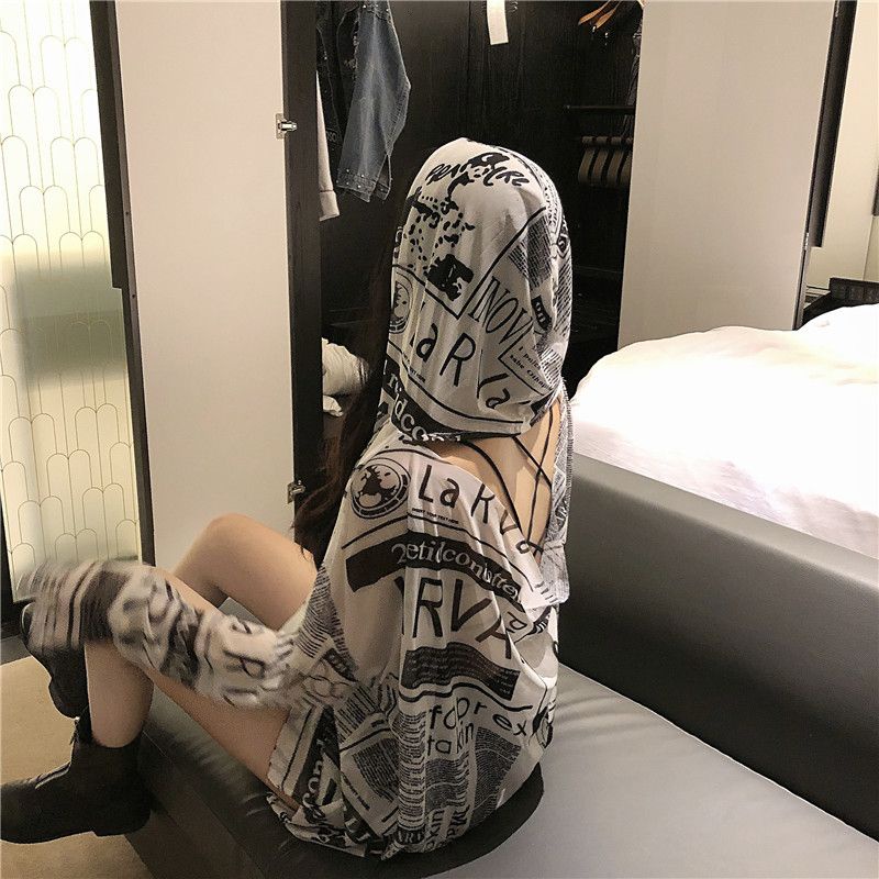 Milyfashion Đen Trắng Báo In Hình Chống Nắng Mùa Hè Mỏng Rời Có Mũ Trùm Đầu Chống Nắng Dài Tay T Hợp Thời Trang Top