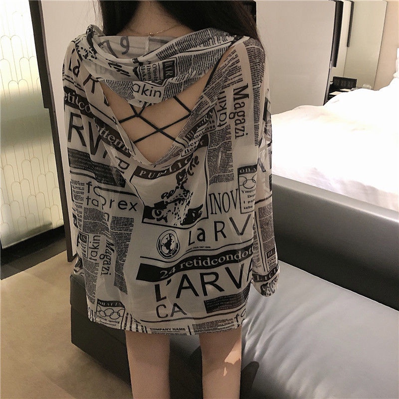 Milyfashion Đen Trắng Báo In Hình Chống Nắng Mùa Hè Mỏng Rời Có Mũ Trùm Đầu Chống Nắng Dài Tay T Hợp Thời Trang Top