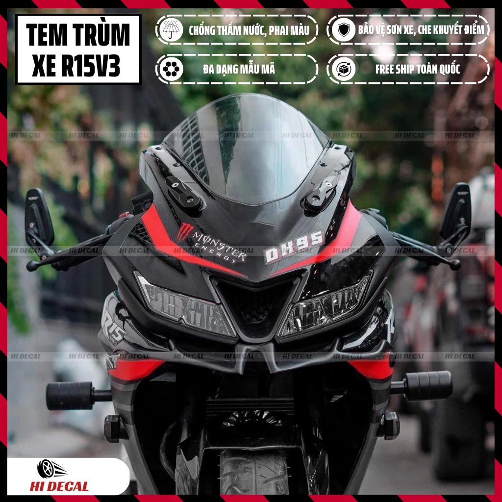 Tem trùm dán xe R15v3 màu đen | Mẫu R15H004 thiết kế riêng | Decal chống phai màu, bảo hành 3 năm