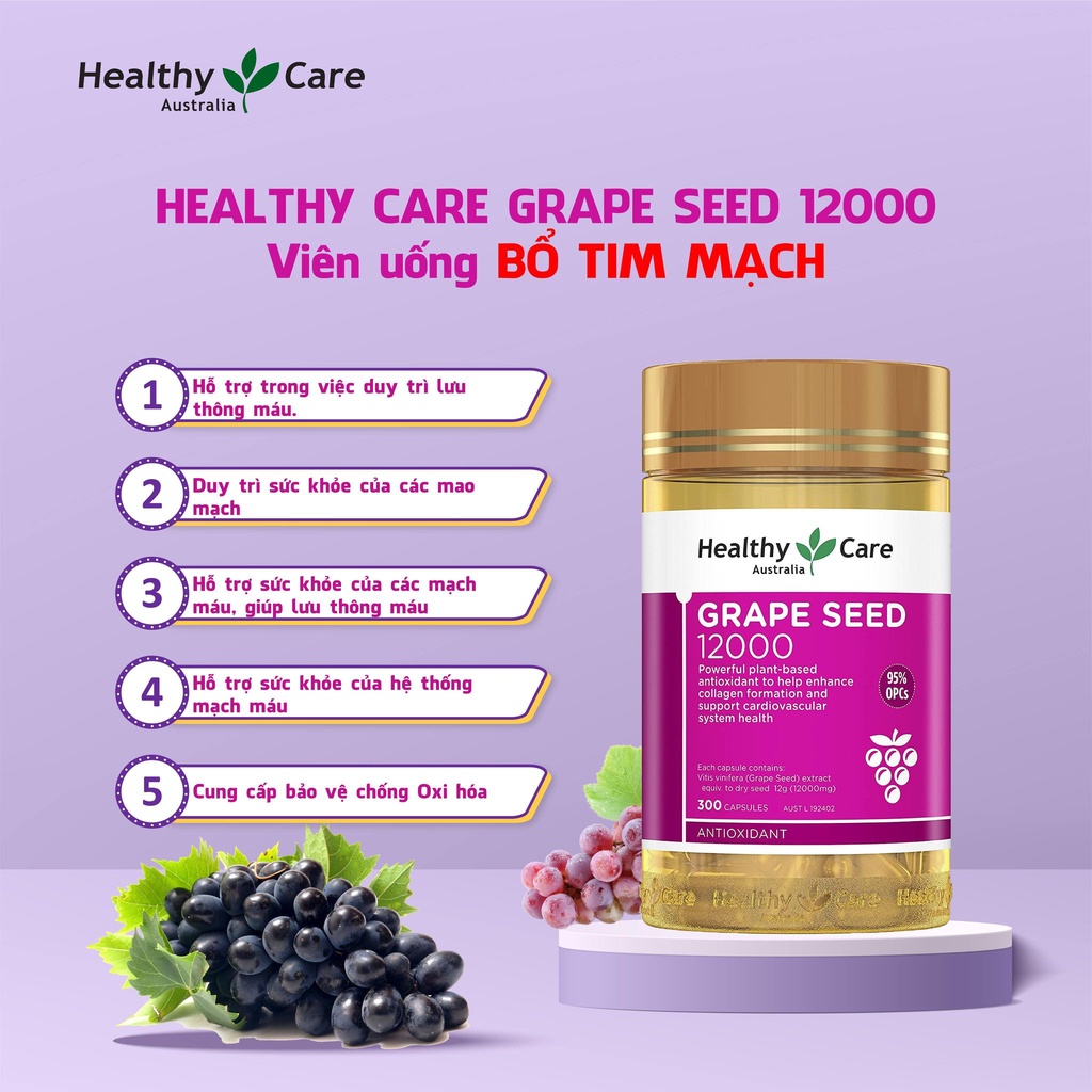 Viên uống tinh chất nho giúp lưu thông máu Healthy Care Grape Seed 12000mg 300 viên