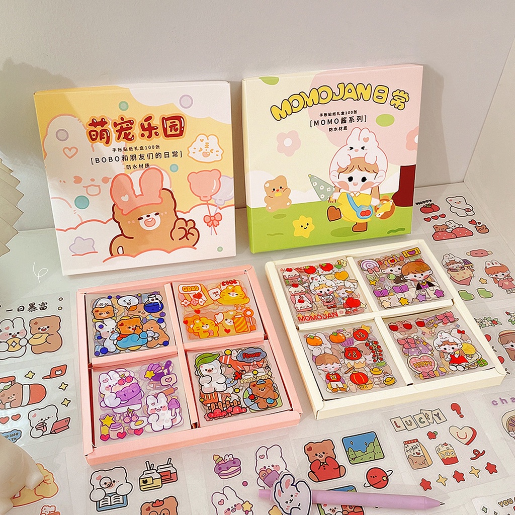 Set hộp 100 tấm sticker 1000 hình dán chống nước nhiều phong cách cute ...