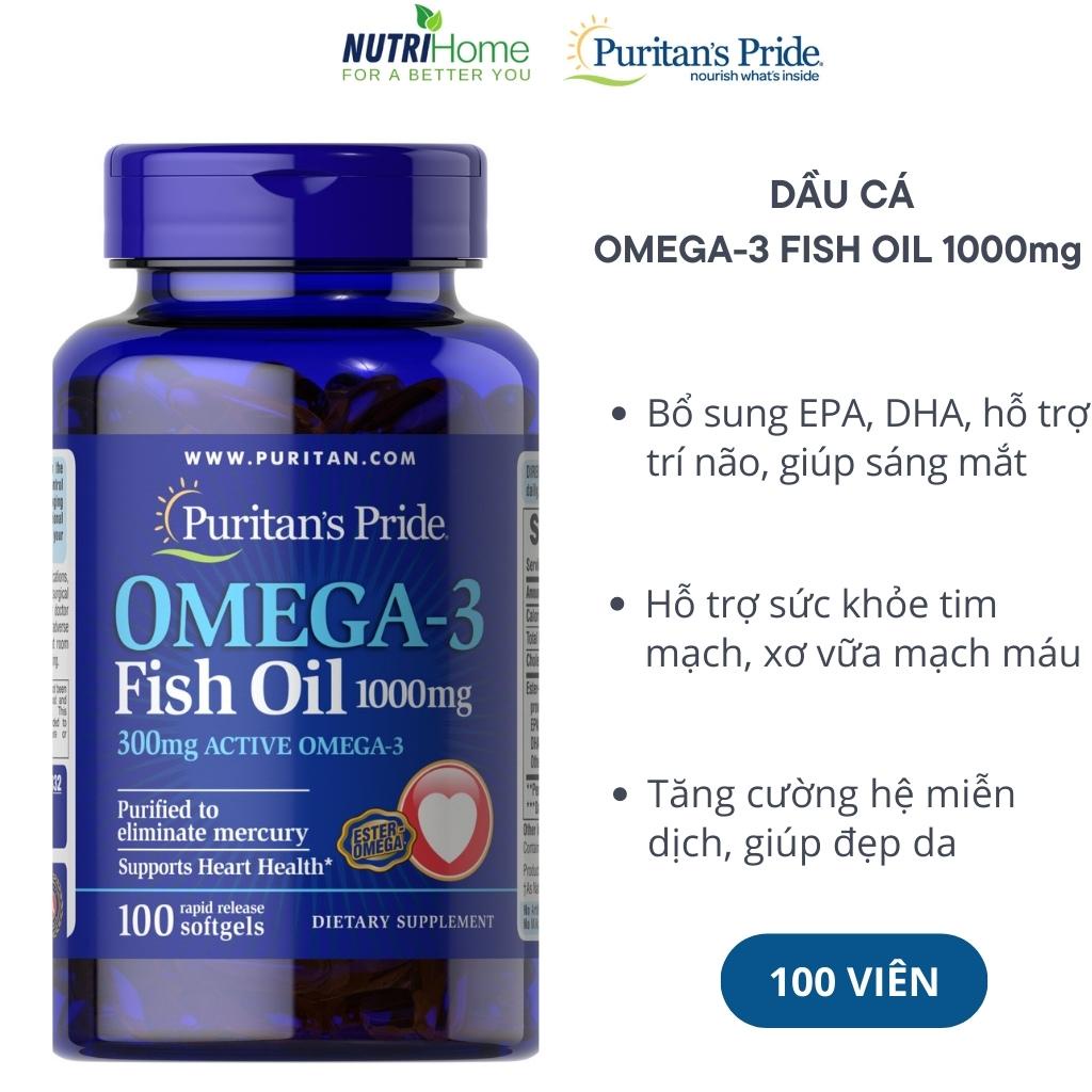 Viên uống Dầu cá Omega-3 Fish Oil 1000 mg Puritan’s Pride hỗ trợ trí não, tim mạch, sáng mắt, làm ẩm da (Nutri Home)