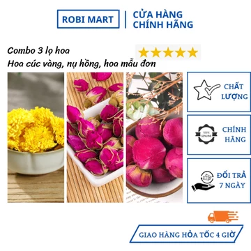 Combo 3 lọ trà hoa sấy khô robimart (hoa cúc vàng, nụ hoa hồng, hoa mẫu đơn) đẹp da, tốt cho sức khỏe
