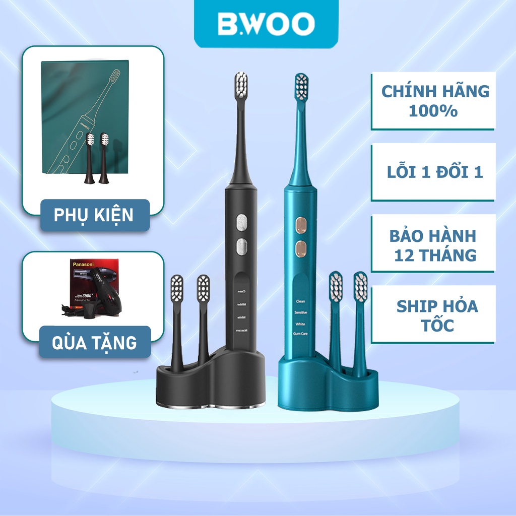 Bàn chải điện đánh răng tự động nhập khẩu chính hãng BWOO vệ sinh răng miệng siêu sạch với lông chải mềm