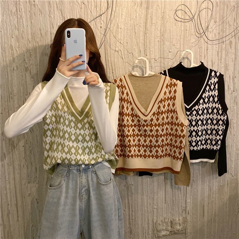 Áo vest dệt kim cổ chữ V cổ điển, phong cách Hàn Quốc