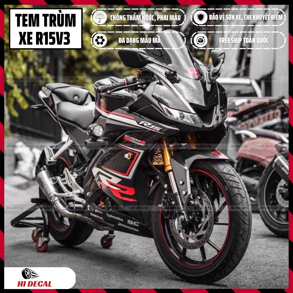 Tem trùm dán xe R15v3 màu đen đỏ | Mẫu R15H003 | Decal dán xe R15v3 chống nước, chống phai màu