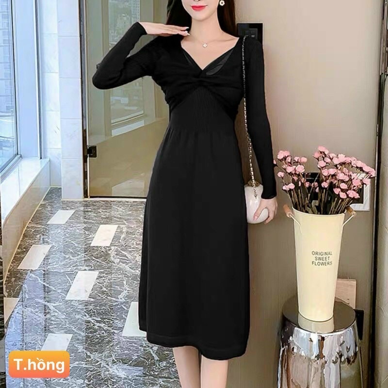 Váy len phối voan ngực hàng Quảng Châu cao cấp