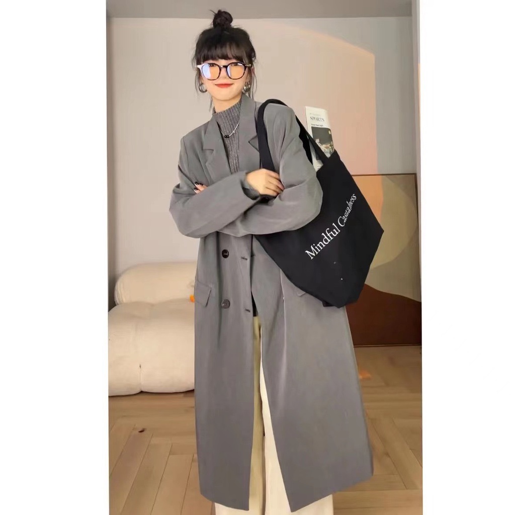 (sẵn)Áo khoác blazer dáng dài qua gối form rộng màu trơn hai lớp dày dặn có độn vai hàng quảng châu cao cấp