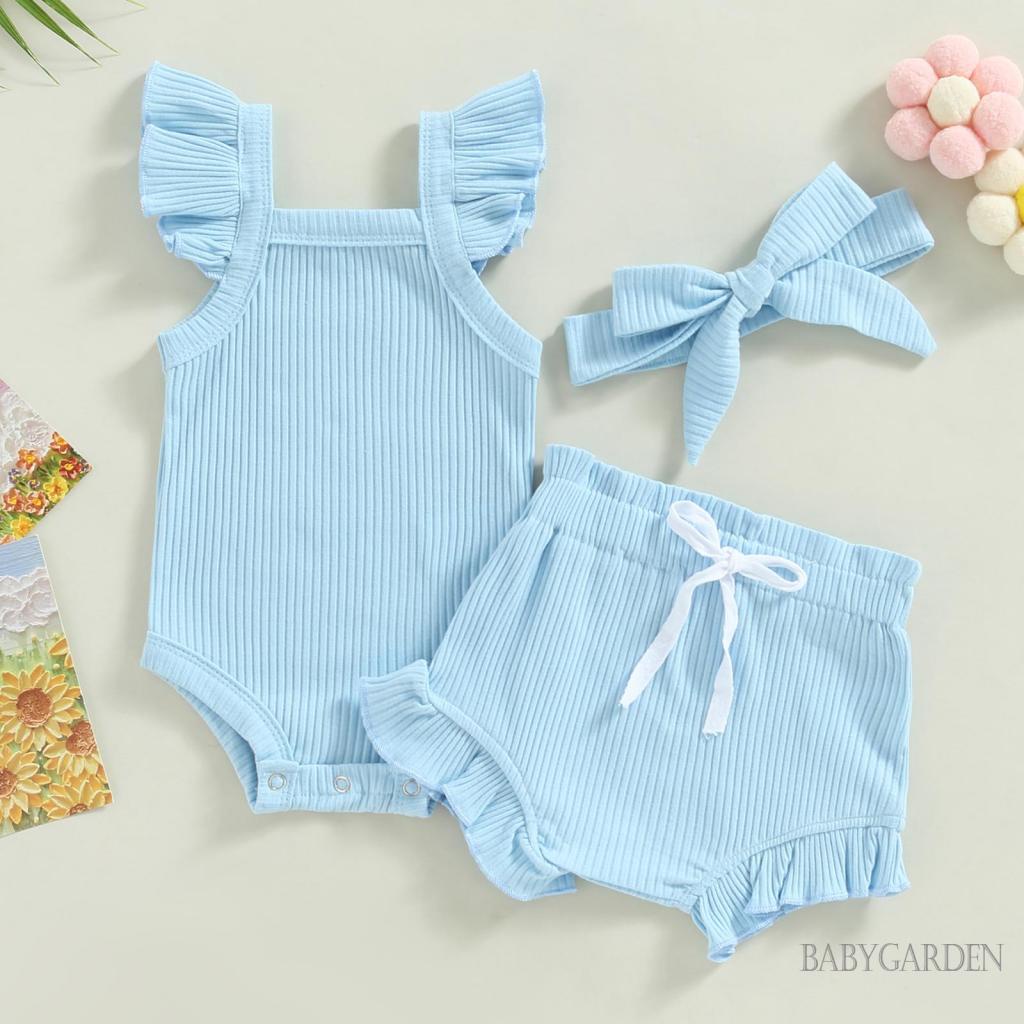 Bộ Áo Liền Quần Tay Cánh Tiên Màu Trơn + Quần Short Rút Dây + Băng Đô Cài Tóc Thời Trang Cho Bé Gái 0-18 Tháng