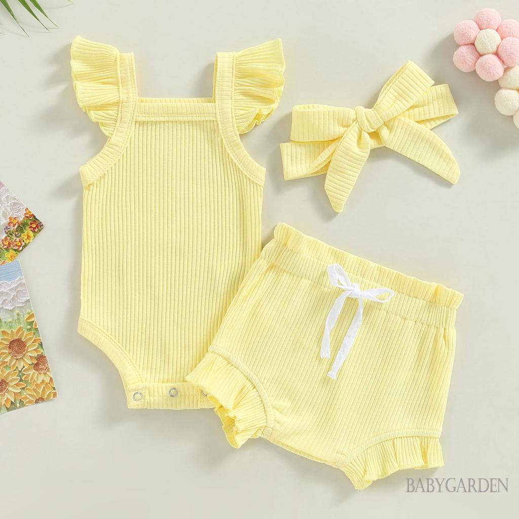 Bộ Áo Liền Quần Tay Cánh Tiên Màu Trơn + Quần Short Rút Dây + Băng Đô Cài Tóc Thời Trang Cho Bé Gái 0-18 Tháng