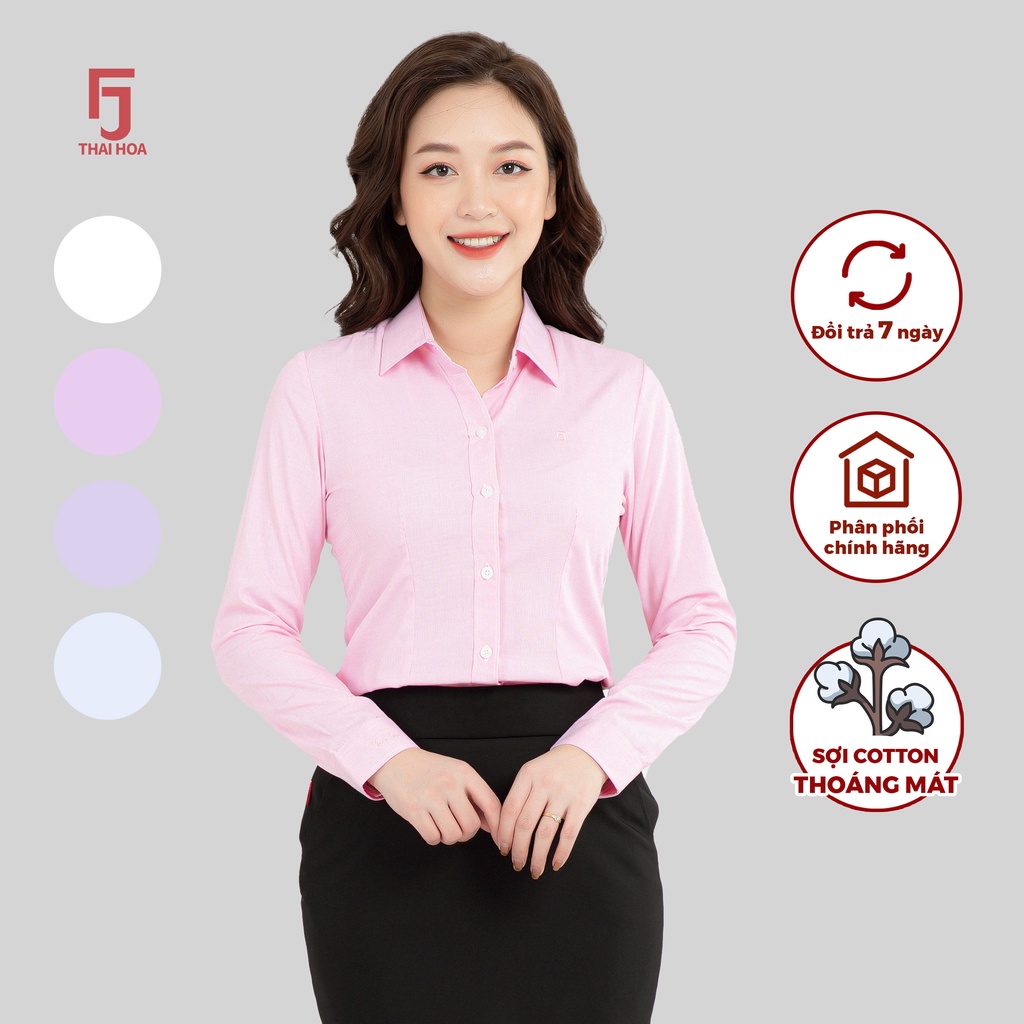Áo sơ mi nữ dài tay R04 chất liệu cotton kẻ tăm form ôm nhiều màu Thái Hòa
