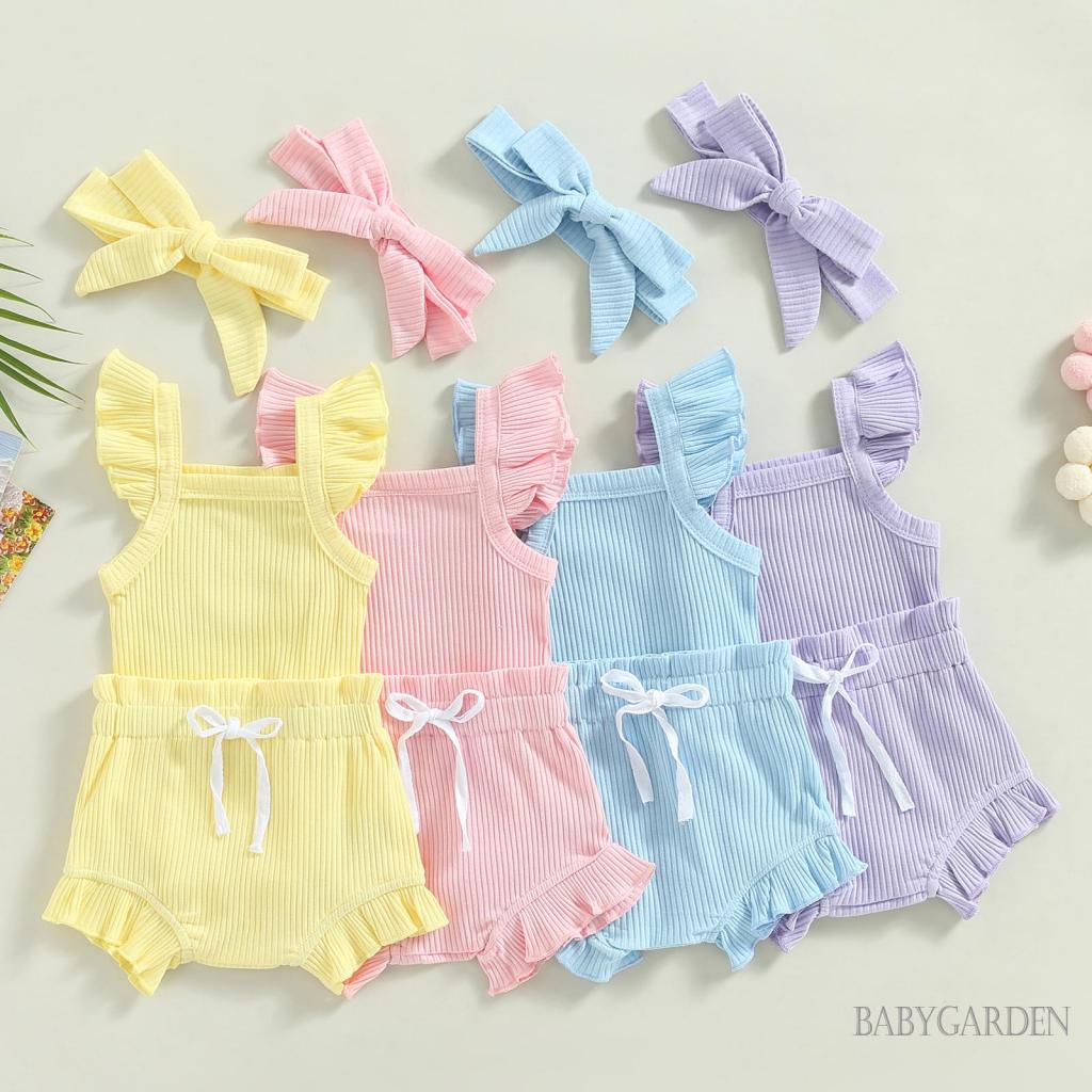 Bộ Áo Liền Quần Tay Cánh Tiên Màu Trơn + Quần Short Rút Dây + Băng Đô Cài Tóc Thời Trang Cho Bé Gái 0-18 Tháng