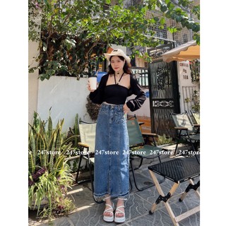 [ Hình thật ] Chân váy jeans dáng dài rách xẻ tà trước mã cvjean6809_P0K37