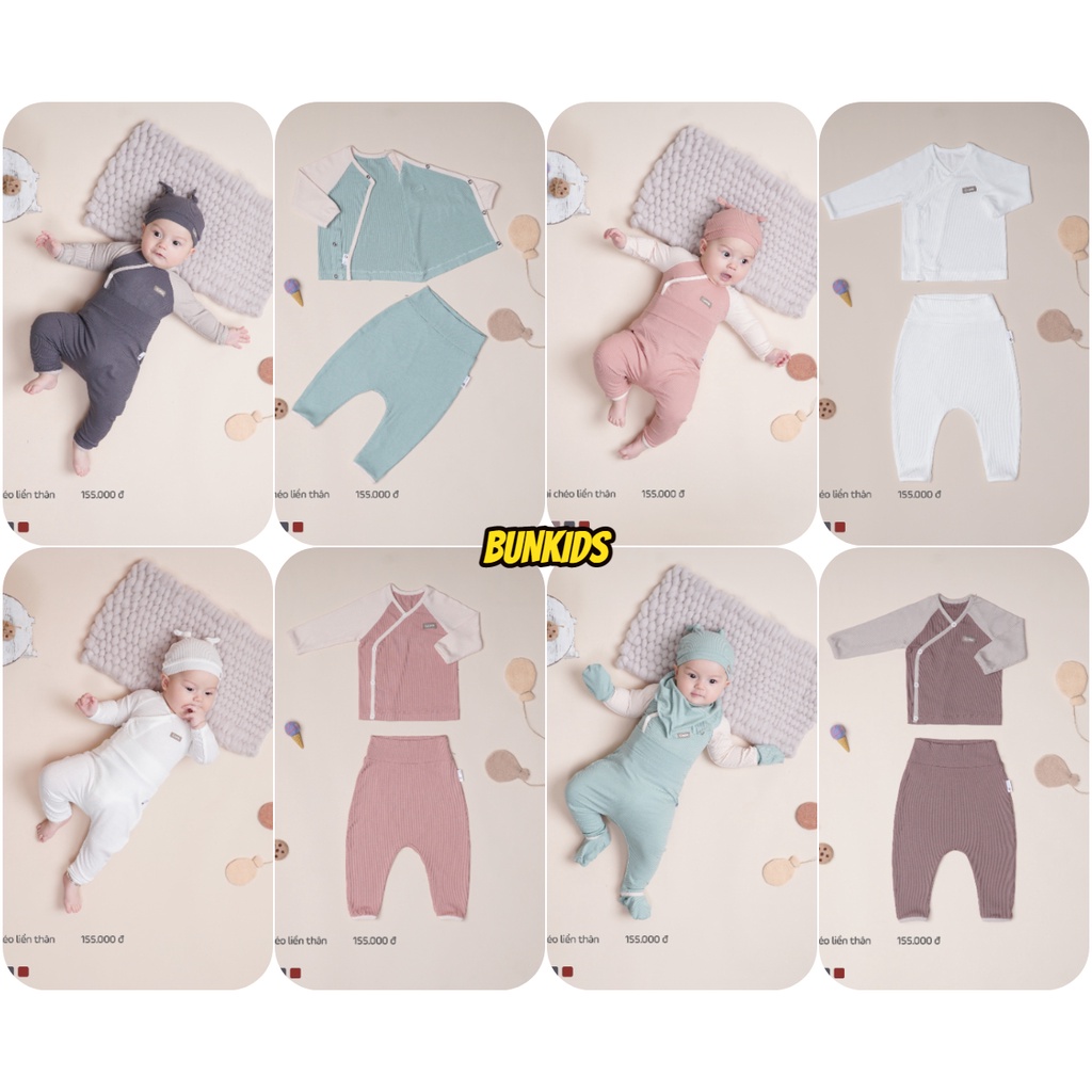 Bộ sơ sinh cookie vải cotton mỏng quần cạp cao cài chéo lệch NEW