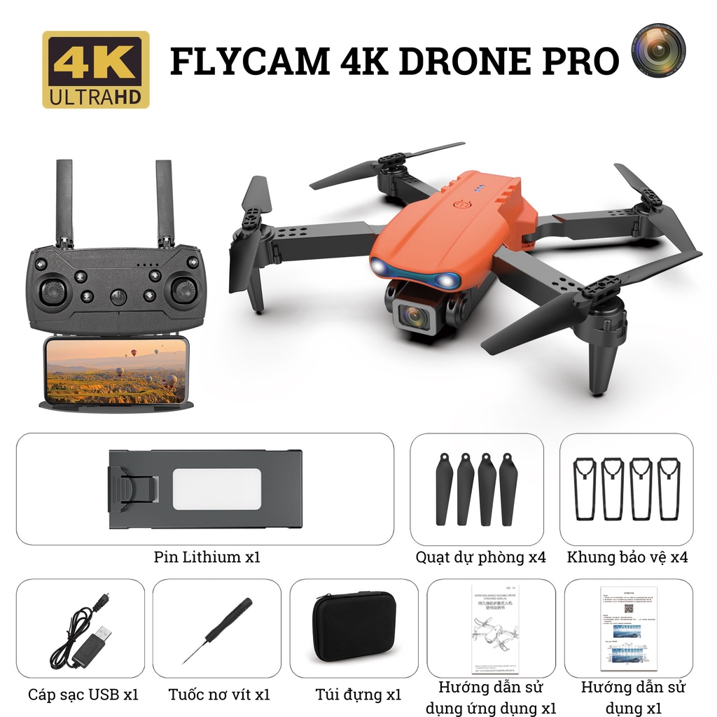 Flycam 4K Drone Pro, FIycam Mini Giá Rẻ Trang Bị Camera Kép 4K, Pin ...