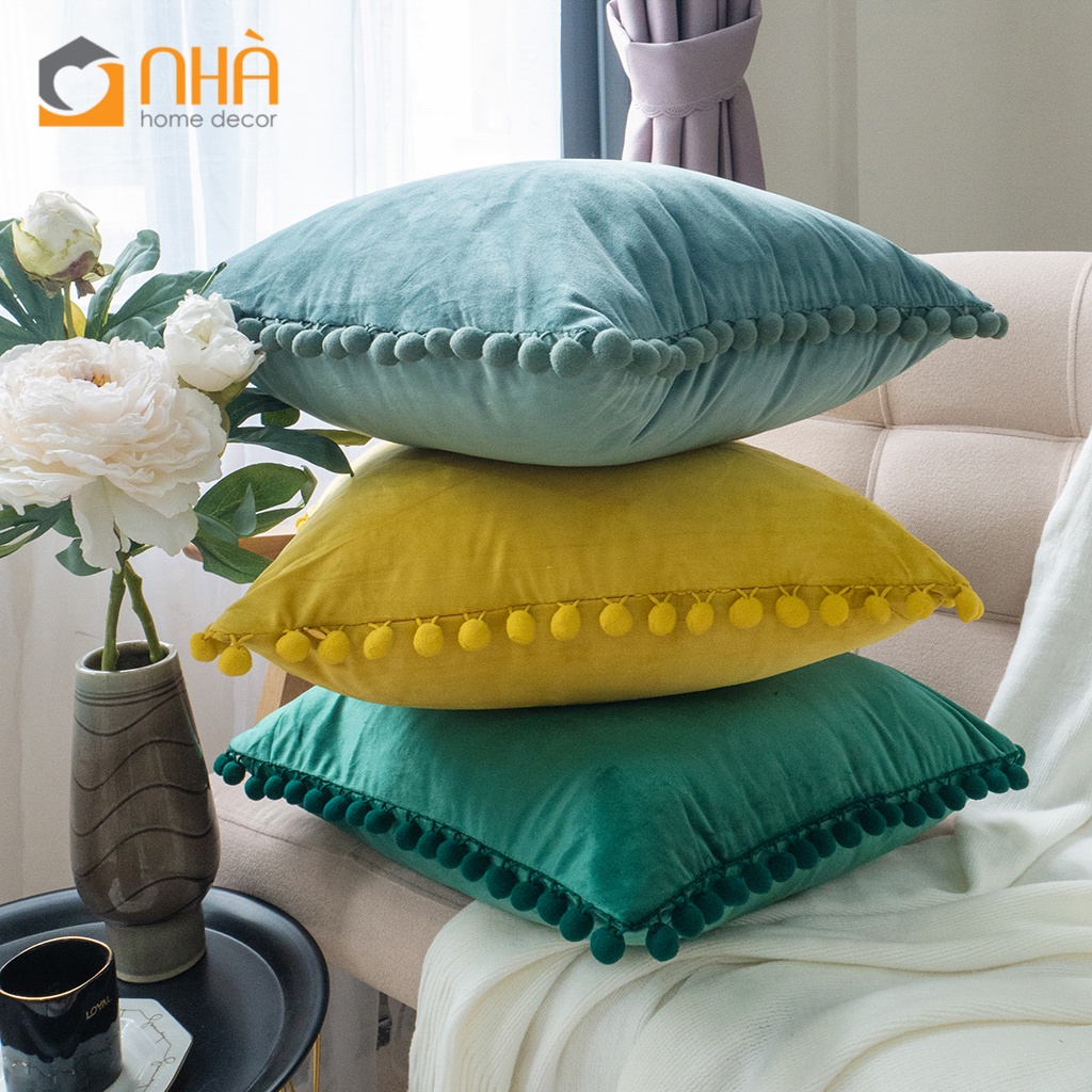 Vỏ Gối Tựa Lưng Nhung Trơn Viền Tua Rua
