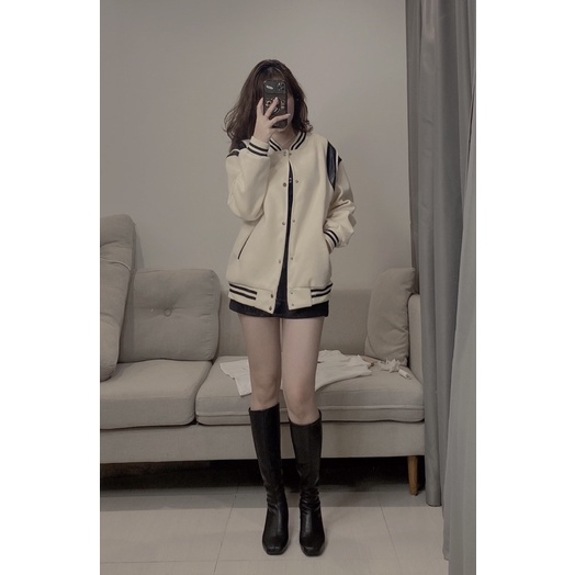 [Ảnh Thật ] Áo Khoác Bomber Unisex Dạ 2 lớp phối sọc pha da nam nữ