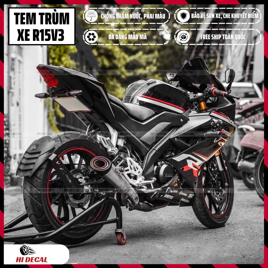 Tem trùm dán xe R15v3 màu đen đỏ | Mẫu R15H003 | Decal dán xe R15v3 chống nước, chống phai màu