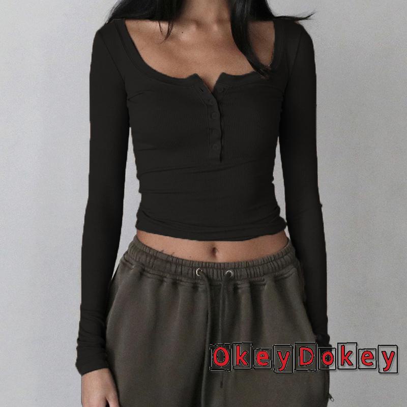Áo Croptop Dệt Kim Tay Dài Cài Nút Khoét Sâu Gợi Cảm Y2k