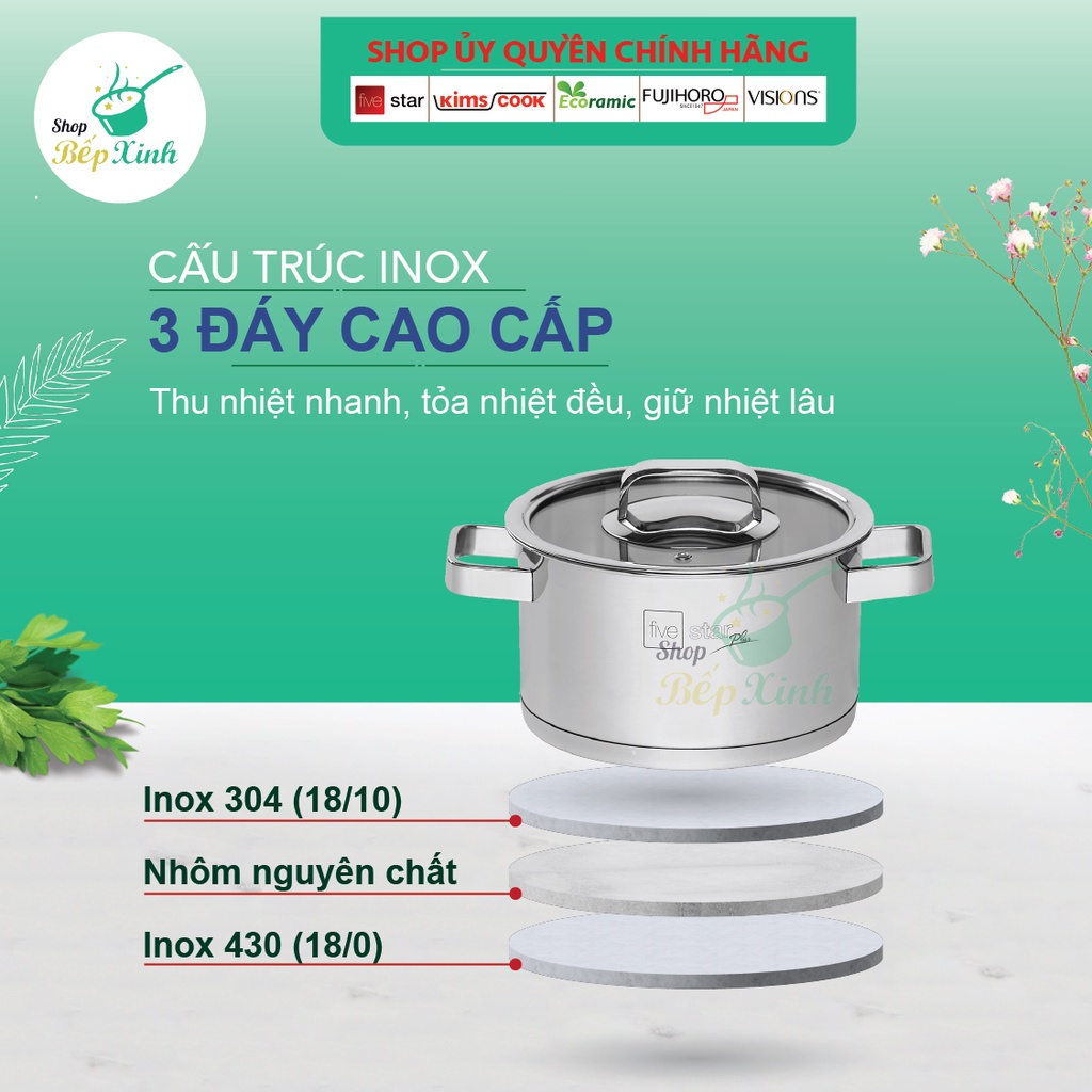Ảnh Nồi thân cao 3 đáy inox 304 Fivestar Plus quai vuông nắp kính ( 16cm / 18cm / 20cm / 24cm )- tặng 1 vá canh 2
