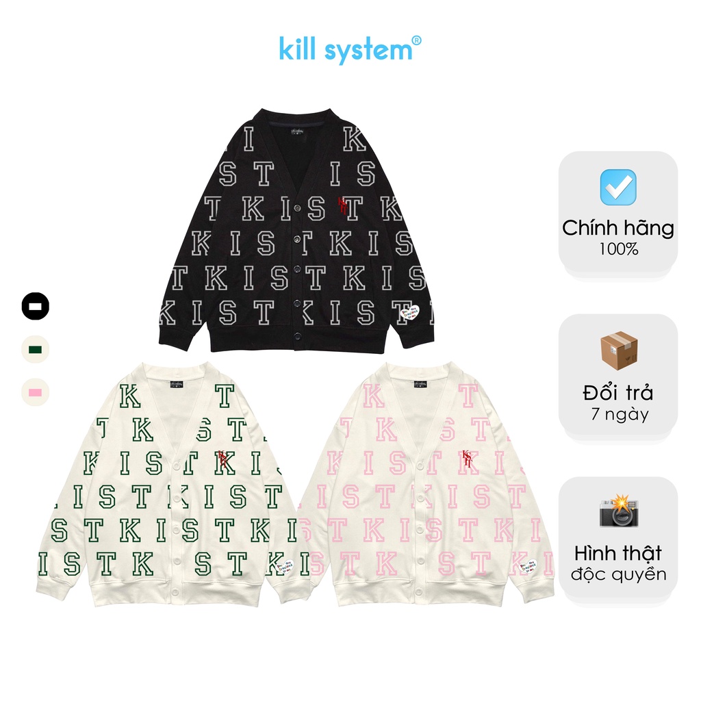 Áo khoác Killsystem cardigan form boxy monogram màu đen trắng, kem hồng, kem rêu chữ KIST nam nữ chất chân cua Cookie