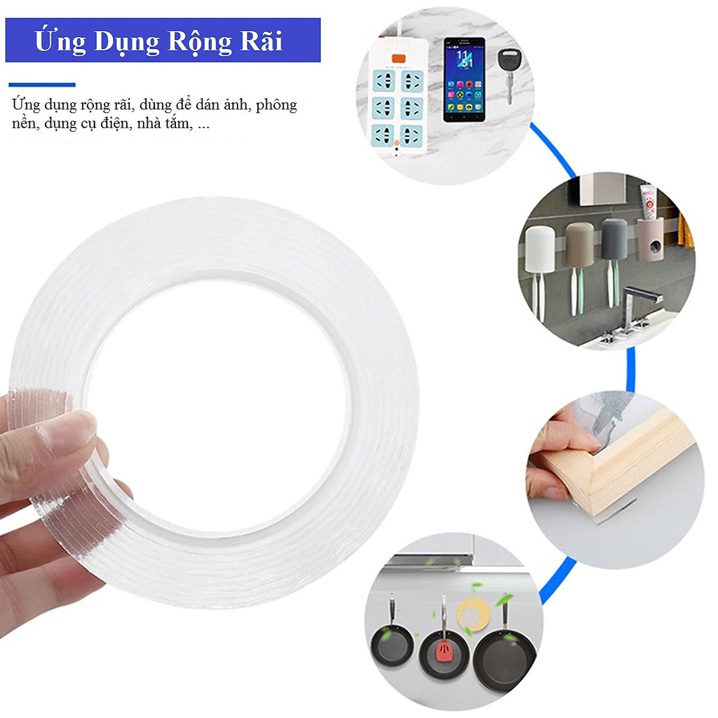 Băng Keo 2 Mặt Trong Suốt Siêu Dính Deli Băng Dính 3M Băng Keo Nano Chống Nước Nhiều Kích Cỡ Dính Mọi Bề Mặt