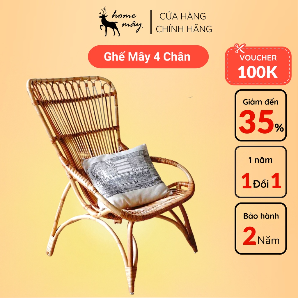 Ghế mây thư giãn đọc sách ngoài trời HOME MÂY - Sản phẩm chuẩn kích thước cho người lớn, chất liệu mây bền và chắc chắn