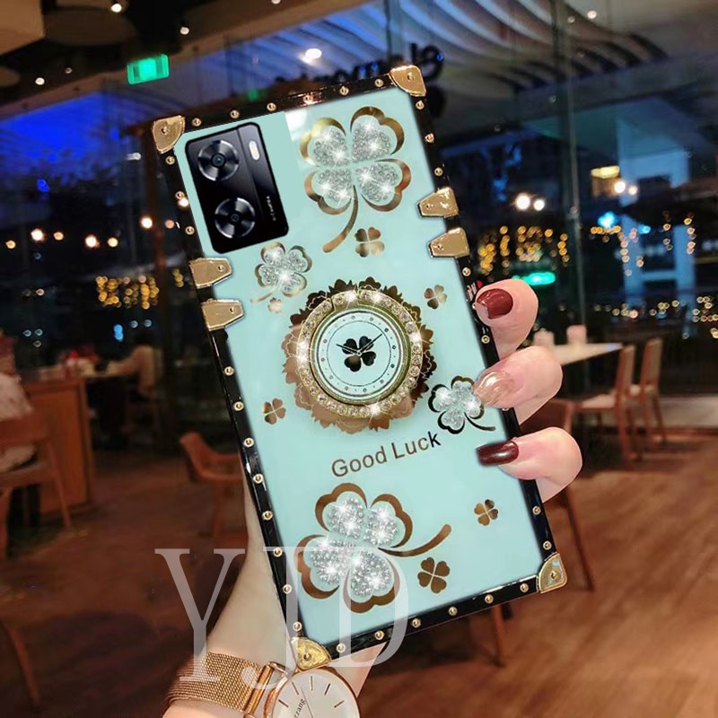 Ốp Điện Thoại Hình Vuông Chống Sốc Họa Tiết Cỏ Ba Lá Đính Đá Lấp Lánh Cho OPPO A57 A77 A57s A57e A77s