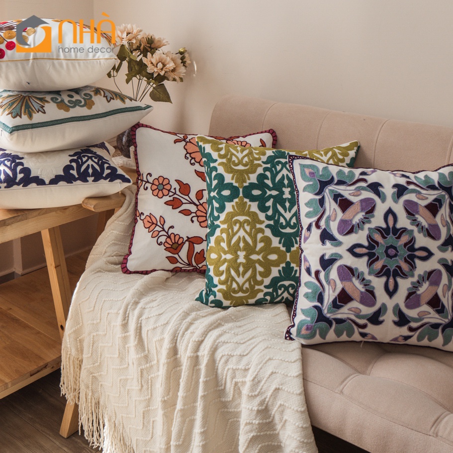 Vỏ Gối Tựa Lưng Linen Cao Cấp Thêu Hoa Văn Hình Học Dệt Nổi Phong Cách Tây Âu