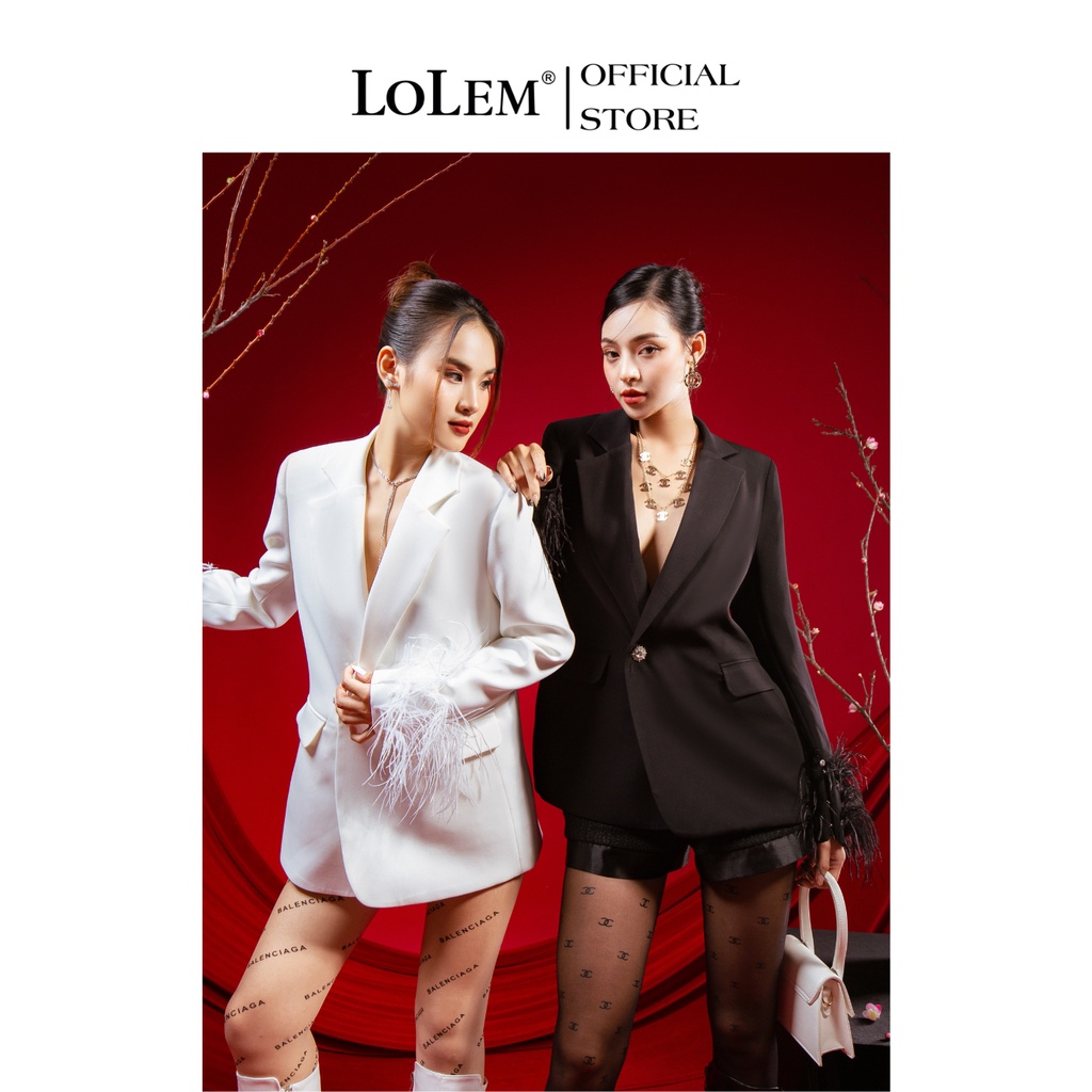 Áo blazer nữ form suông LOLEM AKNB019 tay phối lông vũ vải sạn Nhật cao cấp