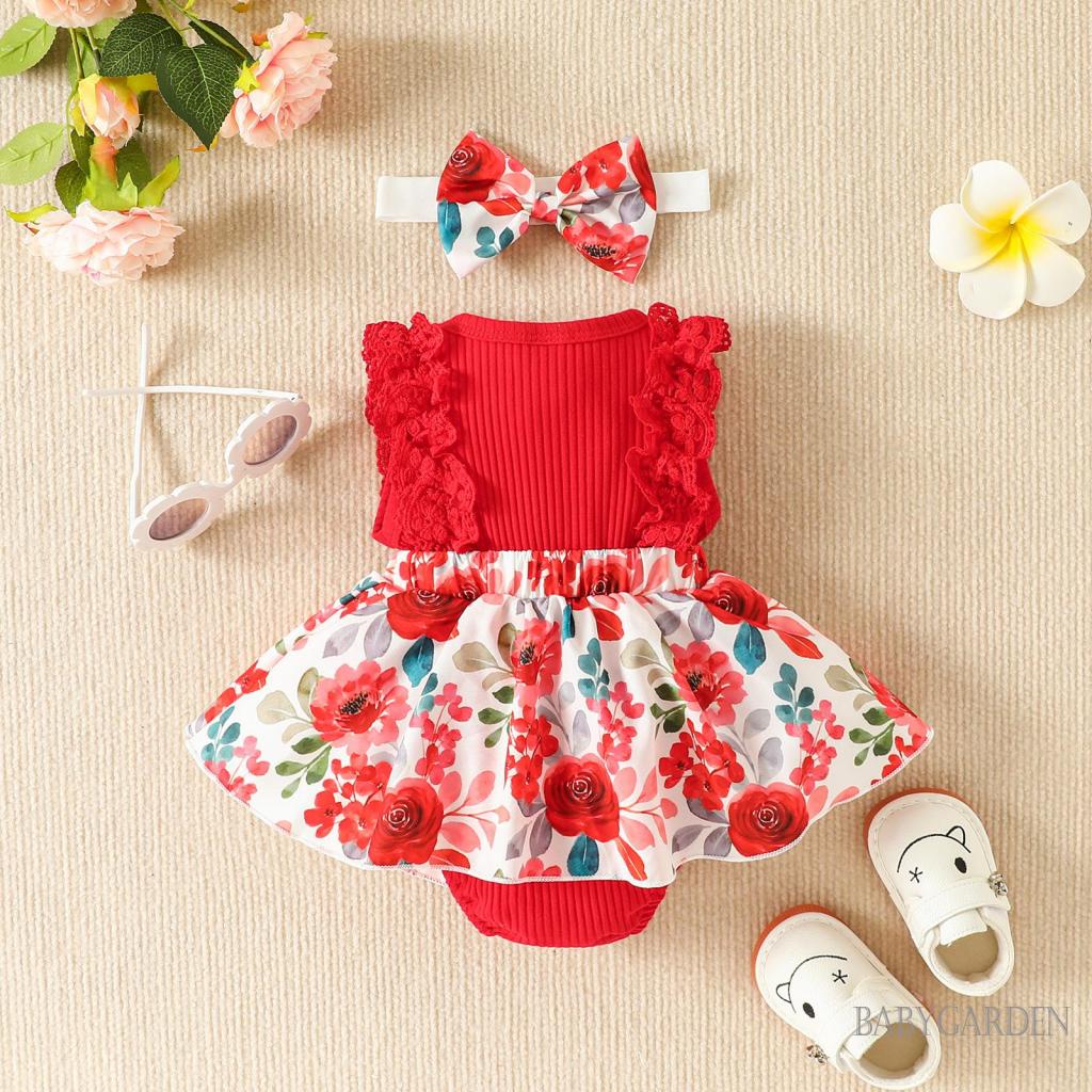 Bộ Áo Liền Quần Không Tay Cổ Tròn In Hoa + Băng Đô Dành Cho Bé Gái 0-18 Tháng Tuổi