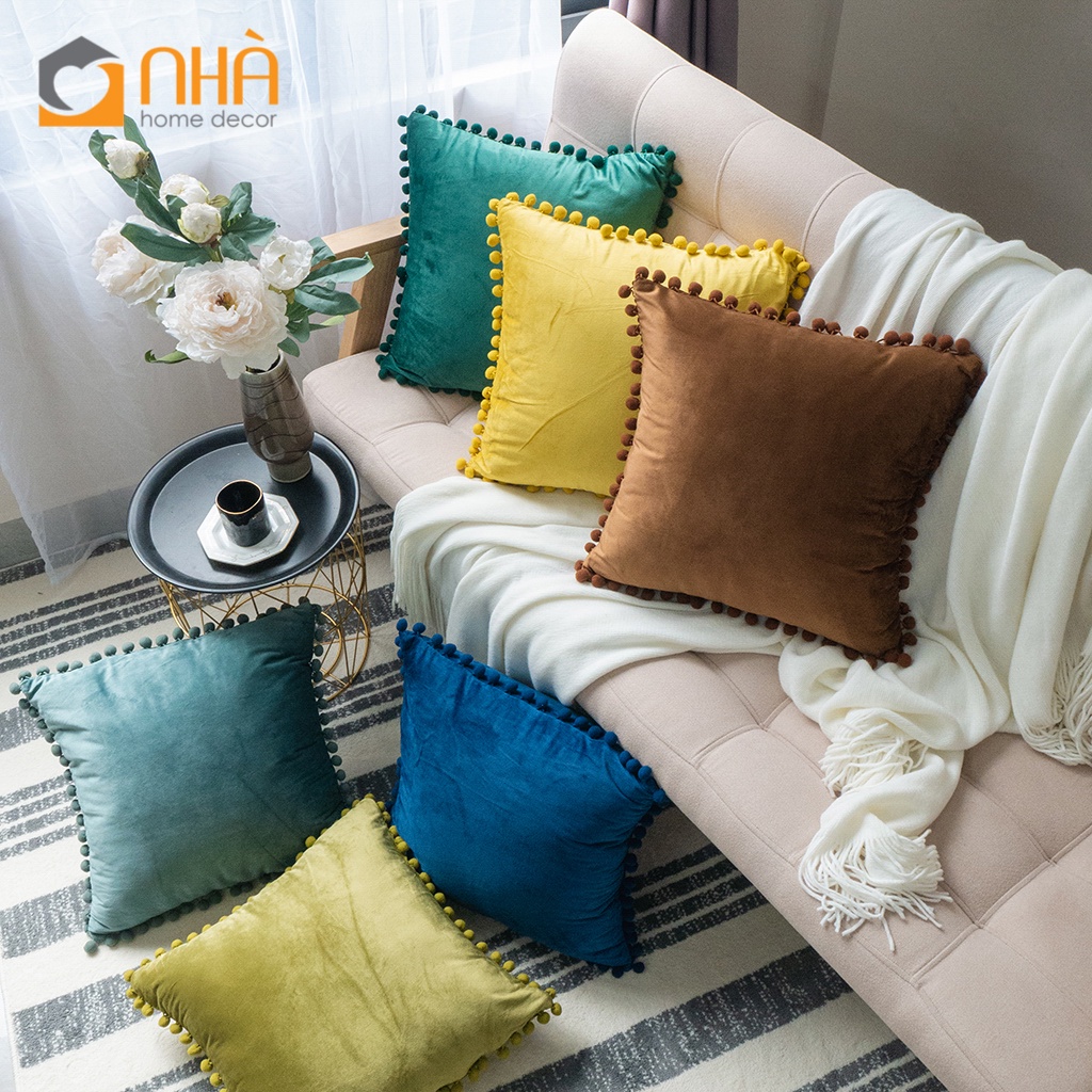 Vỏ Gối Tựa Lưng Nhung Trơn Viền Tua Rua