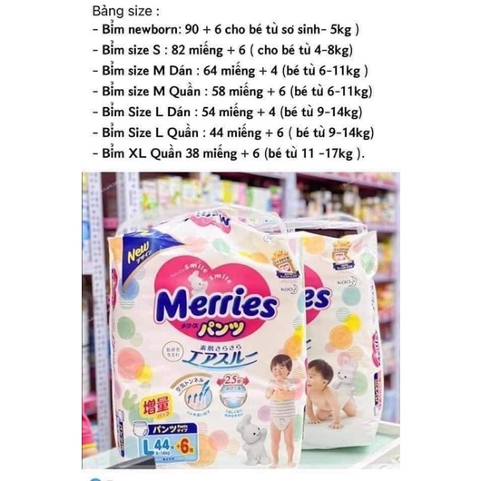 Bỉm MERRIES dán/quần nhập khẩu nội địa Nhật NB96/S88/M68/L58/M64/L50/XL44