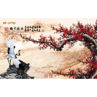 Tranh dán tường VẢI LỤA 3D hoa đào dán phòng ngủ, phòng khách, phòng ăn sang trọng