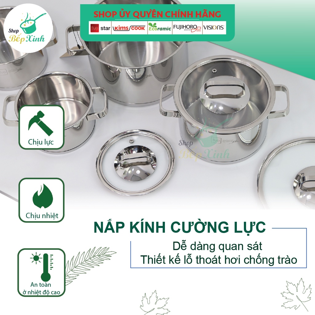 Ảnh Nồi thân cao 3 đáy inox 304 Fivestar Plus quai vuông nắp kính ( 16cm / 18cm / 20cm / 24cm )- tặng 1 vá canh 4